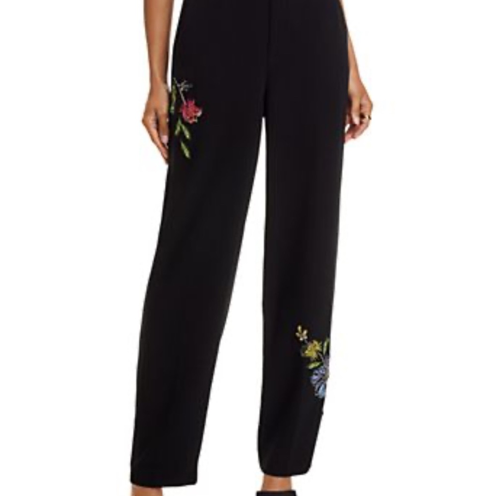 Floral Embroidered Black Women's Trousers